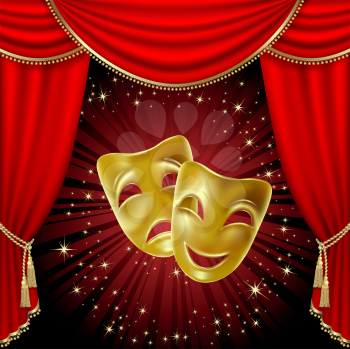 Royalty Free Clipart Image of Harlequin Masks Between Theatre Curtains