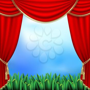 Royalty Free Clipart Image of Theatre Curtains and Grass and Blue Sky