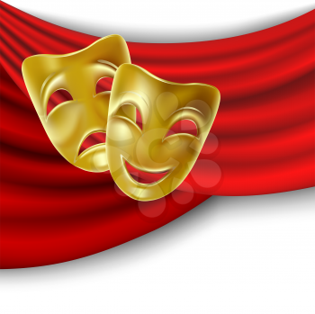 Royalty Free Clipart Image of Theatrical Masks on Red Drapes