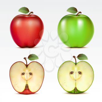Royalty Free Clipart Image of Two Whole and Two Half Red and Green Apples