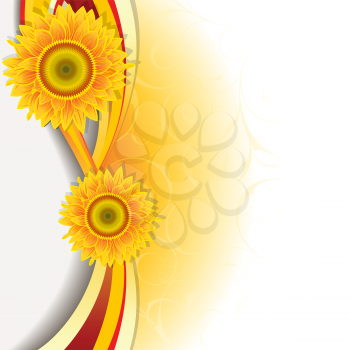 Royalty Free Clipart Image of a Wave of Coloured Ribbons and Sunflowers