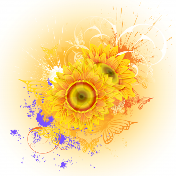 Royalty Free Clipart Image of a Background of Sunflowers and Butterflies With Purple Spatters