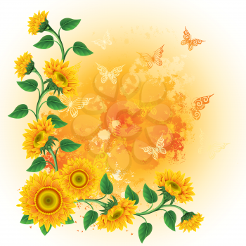 Royalty Free Clipart Image of a Sunflower and Butterfly Background
