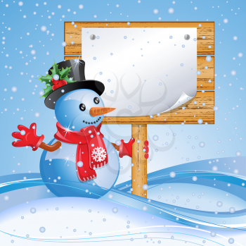 Royalty Free Clipart Image of Snowman and a Billboard