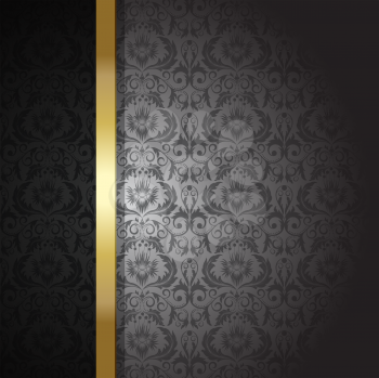 Royalty Free Clipart Image of a Black Background With a Victorian Pattern and Gold Strip