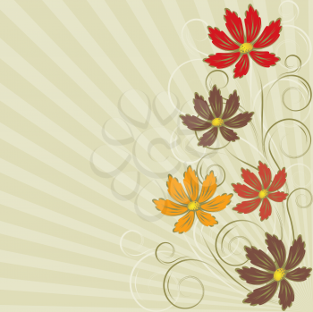 Royalty Free Clipart Image of a Background With Radiating Stripes and Flowers