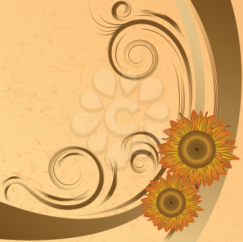 Royalty Free Clipart Image of a Sunflower and Flourish Background