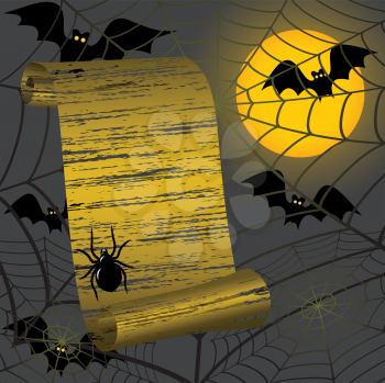 Royalty Free Clipart Image of a Halloween Background With Spiders and Bats