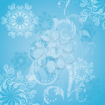 Royalty Free Clipart Image of a Blue Background With Snowflakes and Flourishes
