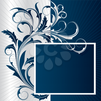 Royalty Free Clipart Image of a Background in Blue and White With a Frame and Flourish