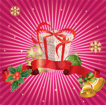 Royalty Free Clipart Image of a Christmas Background With a Gift, Holly, Bells and Snowflakes