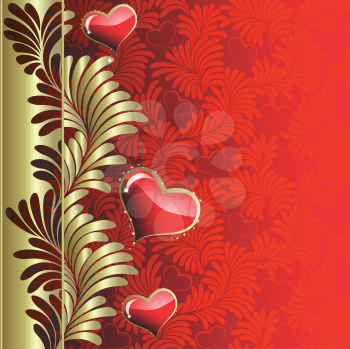 Royalty Free Clipart Image of Hearts on a Red Background With a Gold Border