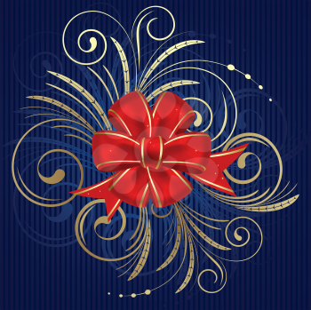 Royalty Free Clipart Image of a Red Bow on a Blue Background With Flourishes