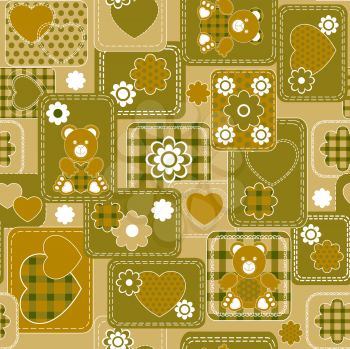 Royalty Free Clipart Image of a Background With Flowers, Hearts and Teddy Bears