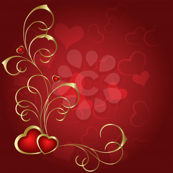 Royalty Free Clipart Image of Hearts and Flourishes on a Red Background