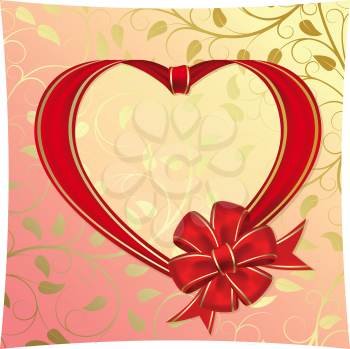 Royalty Free Clipart Image of a Red Heart Bow on a Leafy Background