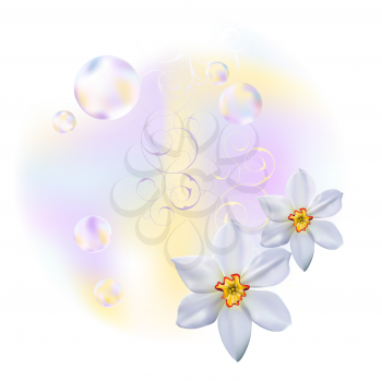 Royalty Free Clipart Image of a Background With Bubbles and Spring Flowers