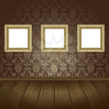 Royalty Free Clipart Image of Three Gold Frames on a Wall