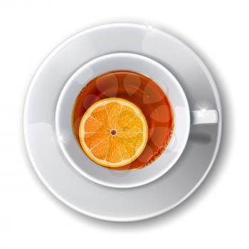 Top view on  cup with  tea on a white background. Mesh. This file contains transparency.