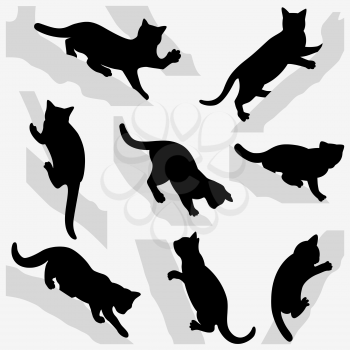Set of cats on a trees. Silhouettes on a white background.