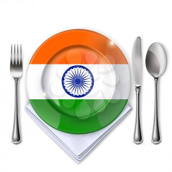A plate with an Indian flag . Empty plate with spoon, knife and fork on a white background. Mesh. Clipping Mask. This file contains transparency.