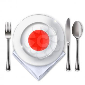 A plate with an Japanese flag. Empty plate with spoon, knife and fork on a white background. Mesh. Clipping Mask. This file contains transparency.
