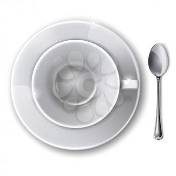 Top view on empty white cup with saucer and  spoon on a white background. Mesh. Isolated.  This file contains transparency.