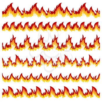 Flames of different shapes on a white background. 