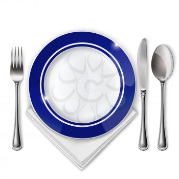 Empty plate with spoon, knife and fork on a white background. Mesh. 
