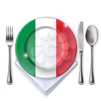A plate with an Italian flag. Empty plate with spoon, knife and fork on a white background. Mesh. Clipping Mask. This file contains transparency.