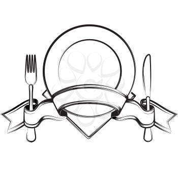 Empty plate with ribbon, spoon, knife and fork on a white background.Black and white