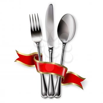 Ribbon, spoon, knife and fork on a white background. Mesh. Clipping Mask. This file contains transparency.