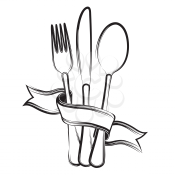 Ribbon, spoon, knife and fork on a white background.Black and white
