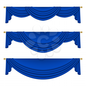 Set of blue curtains to theater stage. Mesh. Isolated