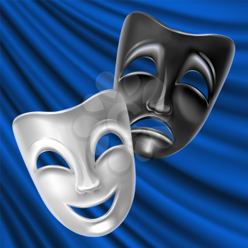 Theater masks on a blue background.  Theater scene. Mesh. Clipping Mask