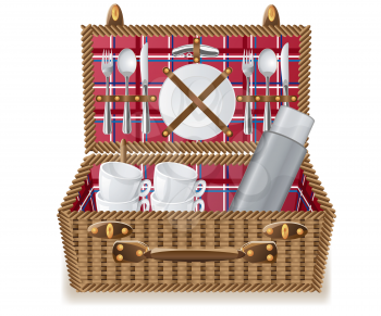 basket for a picnic with tableware vector illustration