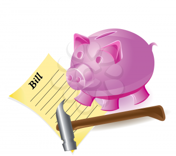 Royalty Free Clipart Image of a Piggy Bank and a Hammer