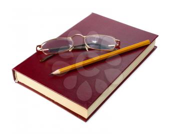 book is glasses and pencil isolated on white background