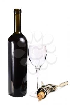 bottle with red wine glass and cork-screw isolated on white background