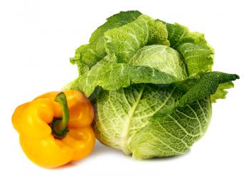 cabbage and yellow pepper isolated on white background