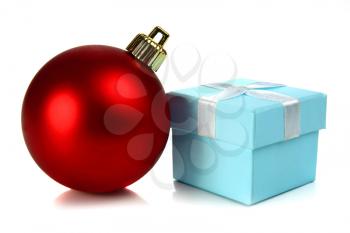 christmas ball and small box for a gift isolated on white background