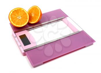 floor scales and orange isolated on white background