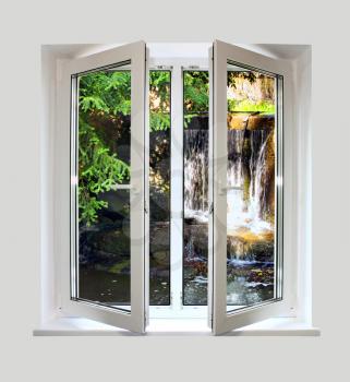 open white plastic window with a kind on waterfall