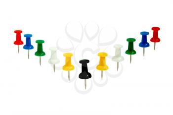 colour stationary pushpin on the white background angle