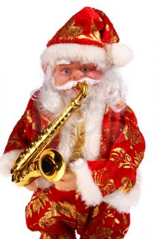 toy santa claus play the saxophone isolated on white background