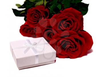 white box for gifts and rose isolated on white background