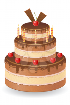 chocolate cake with cherries and burning candles vector illustration isolated on white background