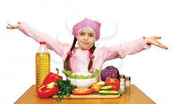 girl chef preparing salad from vegetables vector illustration isolated on white background