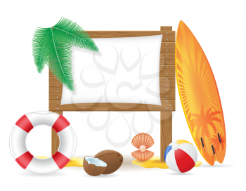 wooden board with beach icons vector illustration isolated on white background