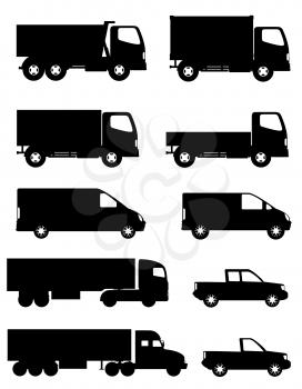 set of icons cars and truck for transportation cargo black silhouette vector illustration isolated on white background
